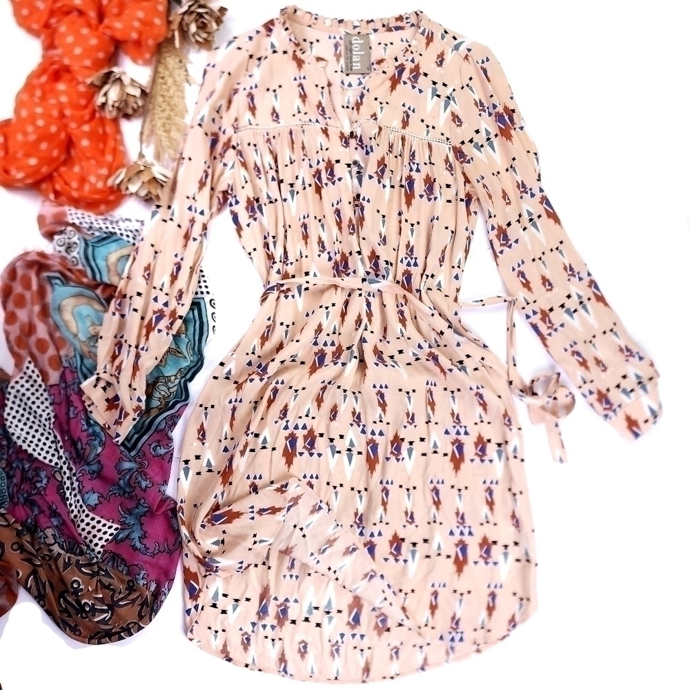 Dolan Anthropologie Peach Aztec Print Viscose Belted Dress Sz S
